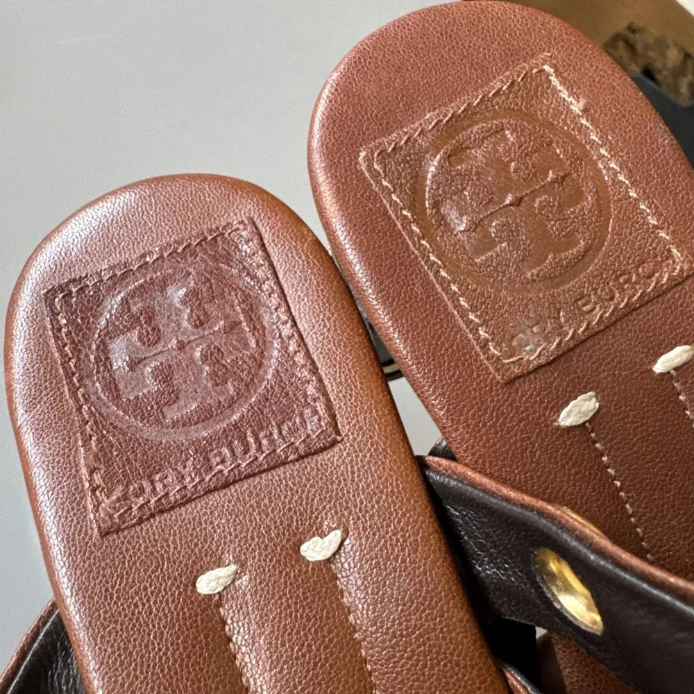 Tory Burch brown Slip On sandals Gold Trim Rivets women's 8 M